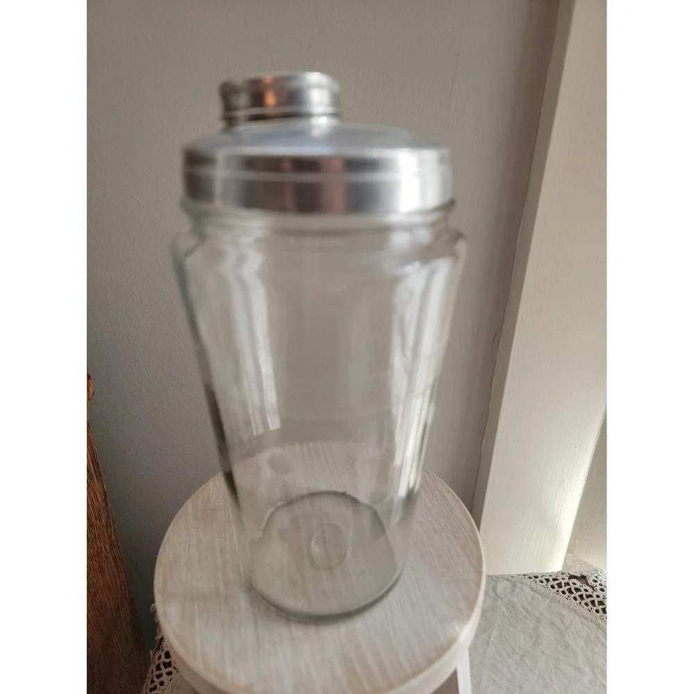Vintage Mid Century Etched Glass Cocktail Shaker With Stainless Steel Lid
